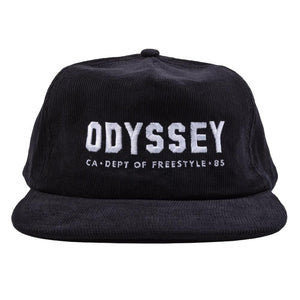 Odyssey Campus 5 Panel Corduroy Snapback Cap - Black with White Stitch