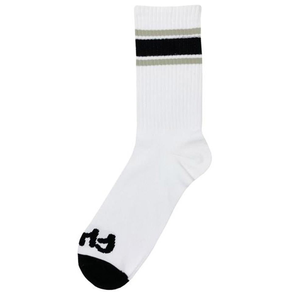Cult Stripe Crew Socks - White With Grey & Black Stripe